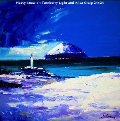 Heavy snow on Turnberry Light and Ailsa Craig 24x24  SOLD